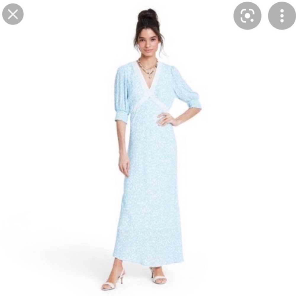 RIXO for target blue and white Floral Lace-Trimmed Dress with puff sleeves siz 2